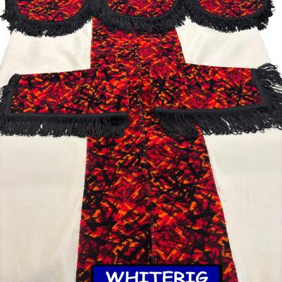 Premium cream faux suede truck curtains featuring vibrant red Danish plush cross panels and decorative black looped trim. Designed to add bold style and comfort to your truck interior. Whiterig Truck Curtains